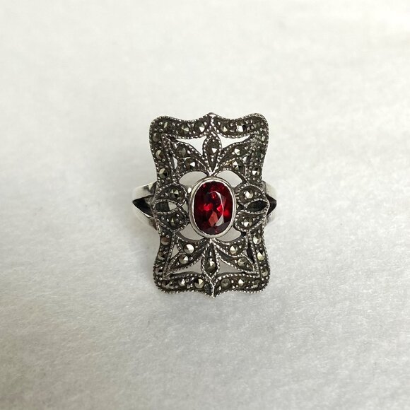 VTG Judith Jack Sterling Silver 925 Art Deco Style Oval Garnet Marcasite Ring - Picture 1 of 16